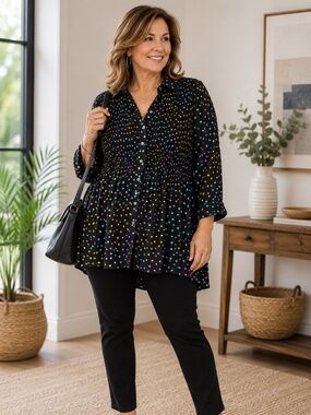 Blue Sky Clothing Polka Dot Smocked Tunic 2X 3X Fair Trade NWOT